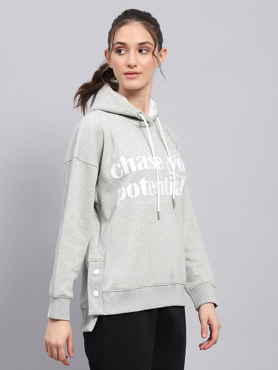 Women Grey Printed Hooded Full Sleeve Sweatshirt