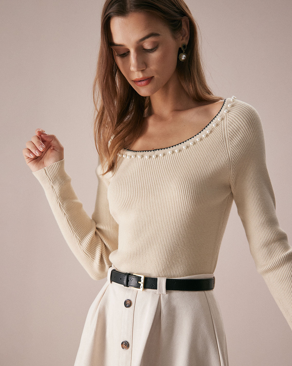 The Apricot Round Neck Pearl Trim Knit Top