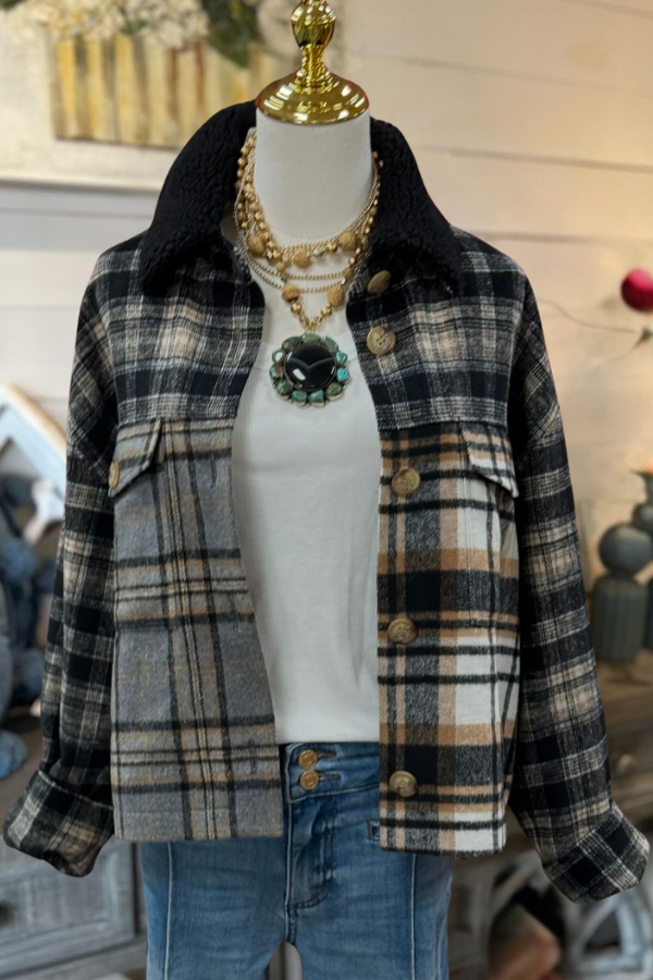 Colorblock Plaid Fur Collar Jacket