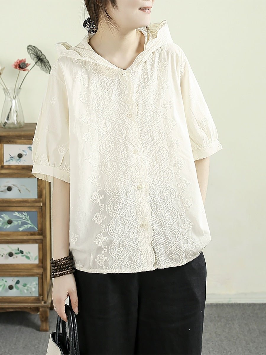 Women Summer Artsy Embroidery Hooded 100%Cotton Shirt