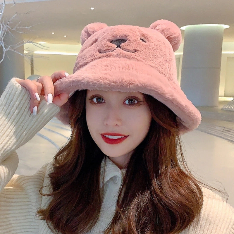Fisherman Hat Women's Autumn And Winter Korean Style Trendy Bear Sweet Cute Lamb Plush Thickened Warm Ear Basin Hat