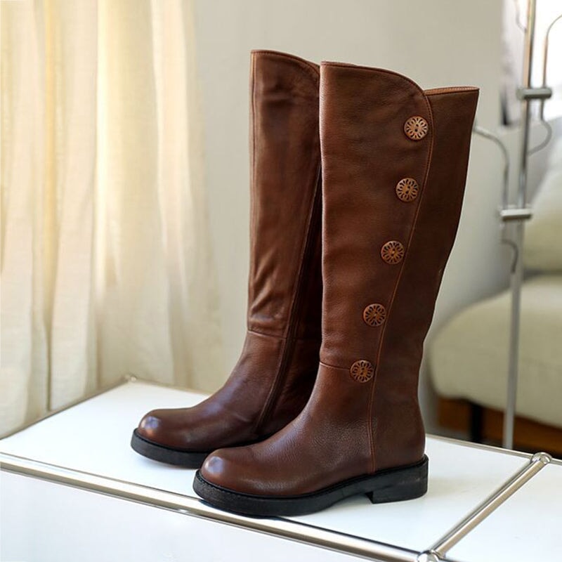 Women Leather Handmade Knee-Length Boots With Ziper Low Heel in Grey/Coffee