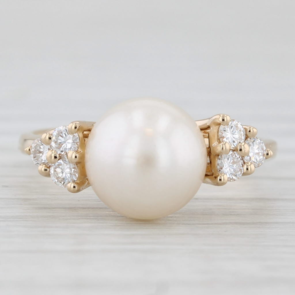Cultured Pearl Diamond Clusters Ring 14k Yellow Gold Size 5.5