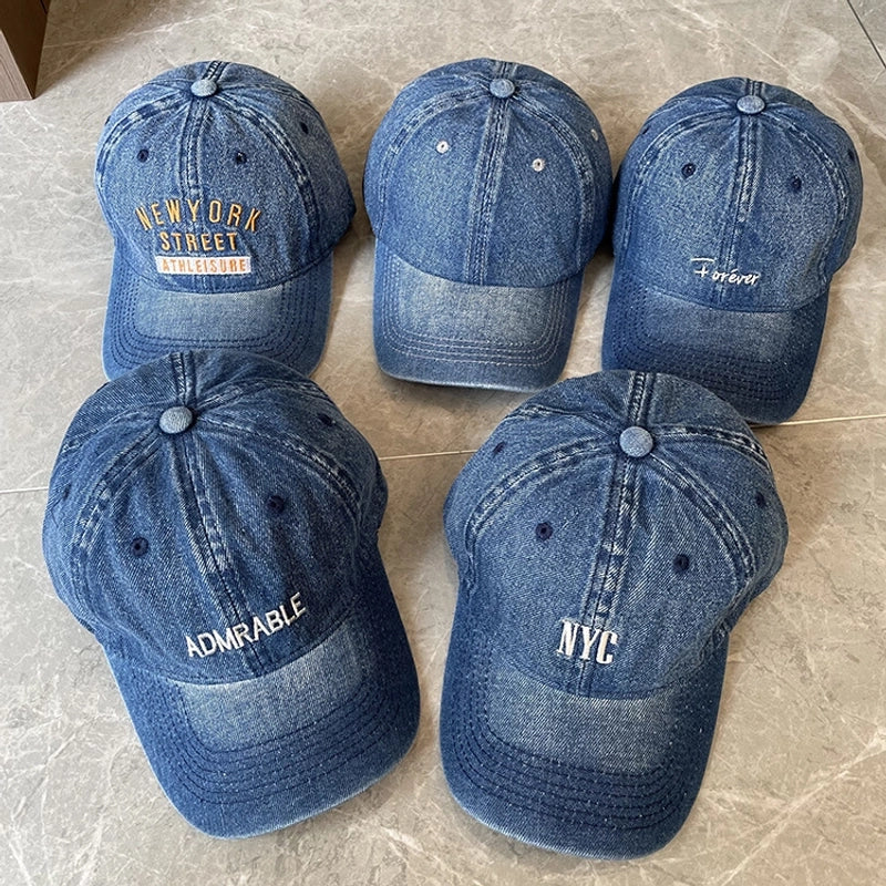Korean-style Spring And Summer Denim Baseball Cap Women's Washable Old Letter Hat Men's Trendy Sunscreen Cap