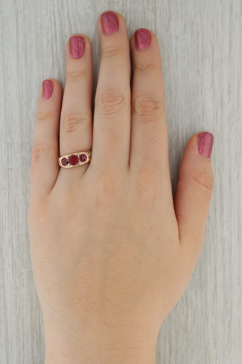 Antique Ornate Red Glass Garnet Ring 8k Rose Gold Size 8.75 Round 3-Stone