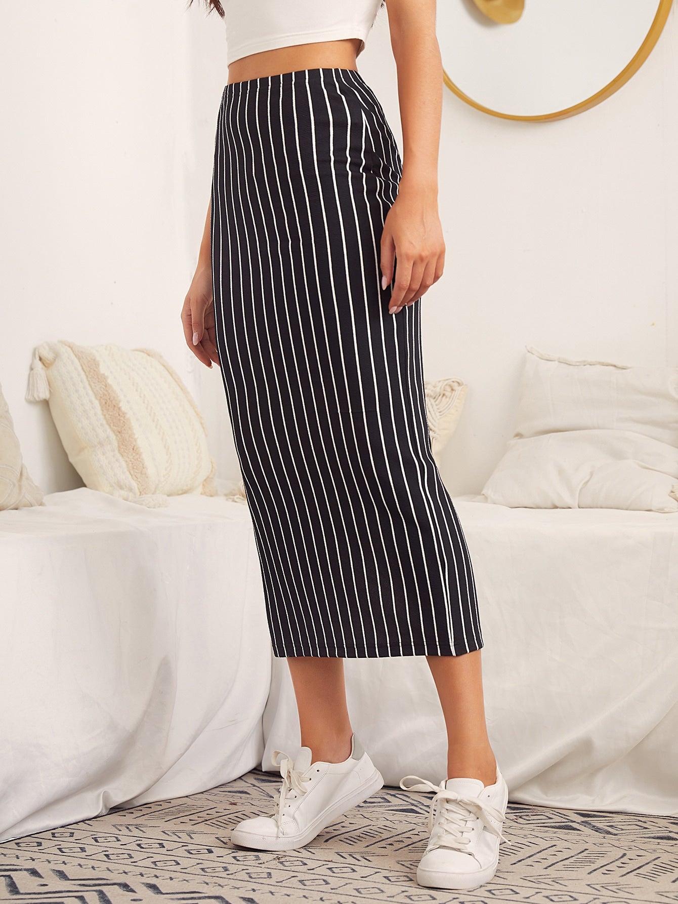 Split Back Striped Skirt