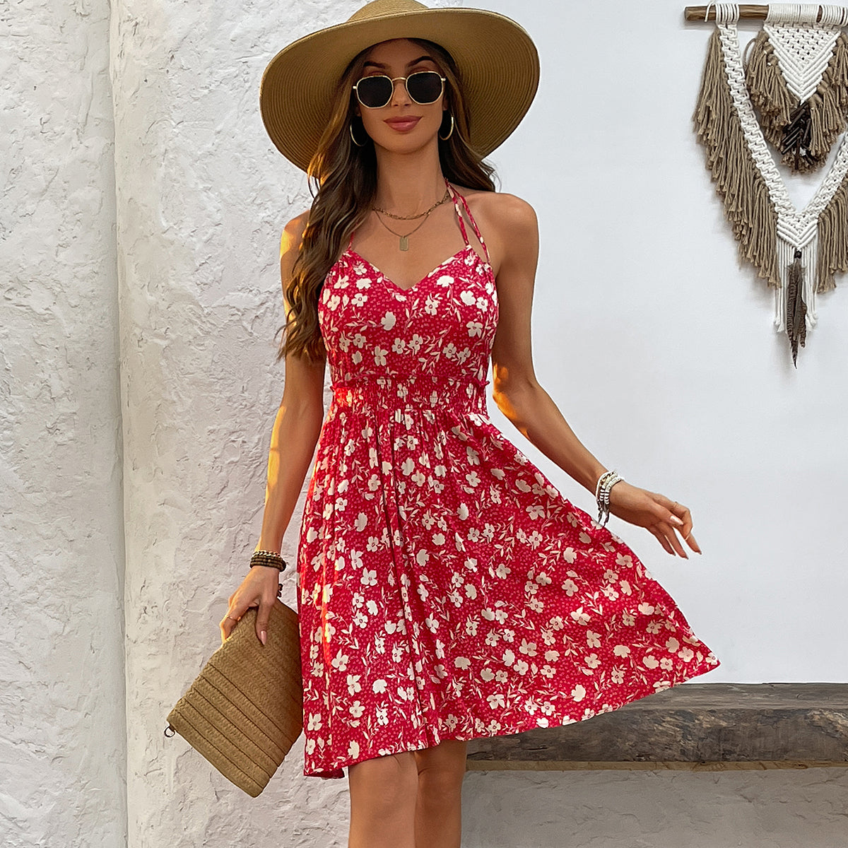 V Neck Halter Neck Floral Print Mini Dress