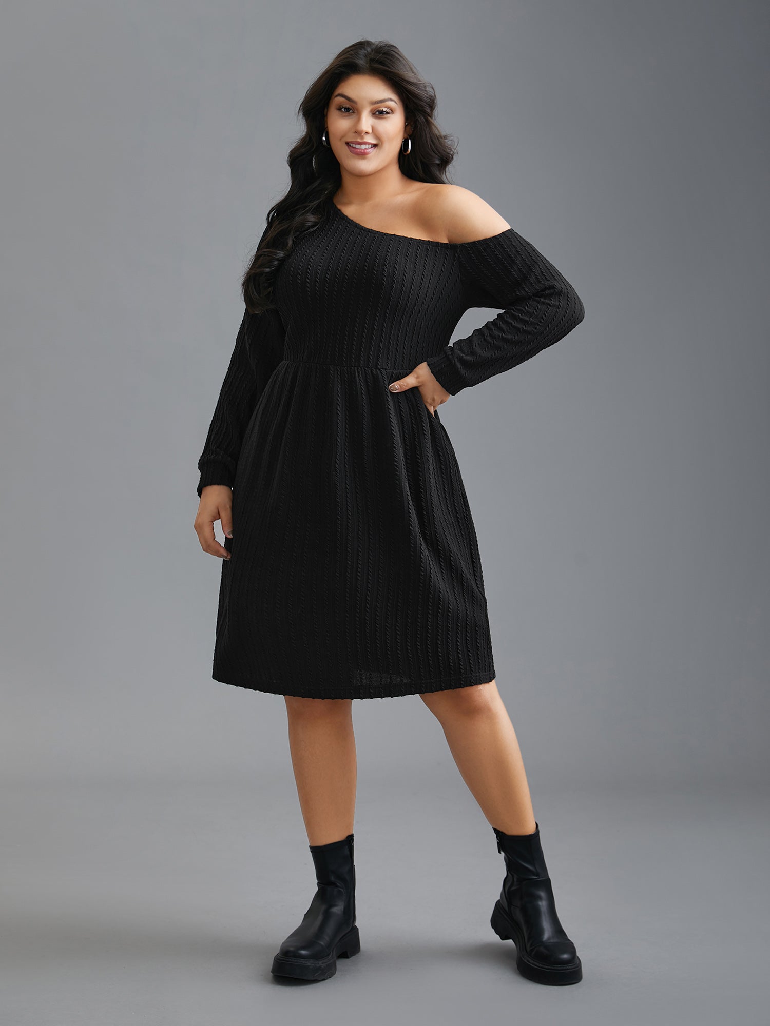 One Shoulder Plain Textured Dress