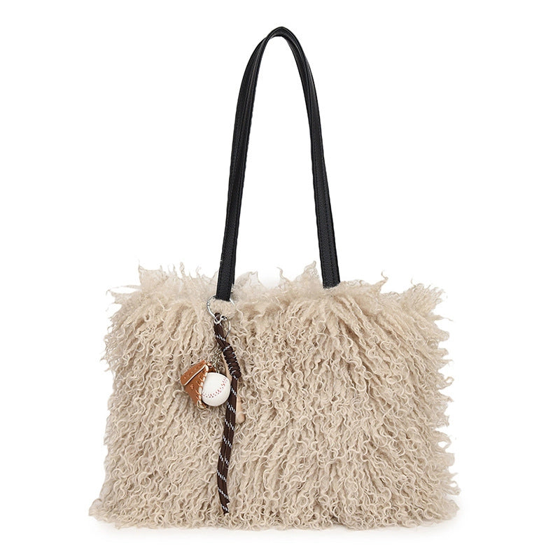Women's Plush Solid Color Streetwear Sewing Thread Square Magnetic Buckle Shoulder Bag
