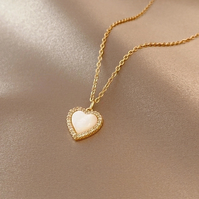 Elegant Minimalist Geometric Titanium Steel Plating Inlay Artificial Pearls Shell Zircon Necklace