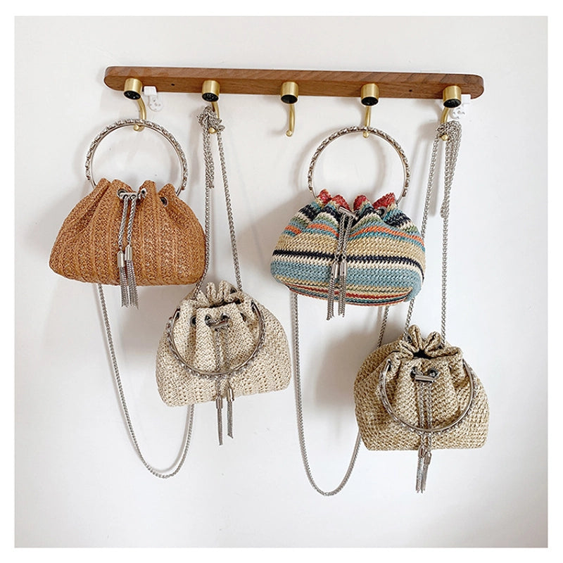 Women's All Seasons Straw Solid Color Vacation Bucket String Handbag Straw Bag