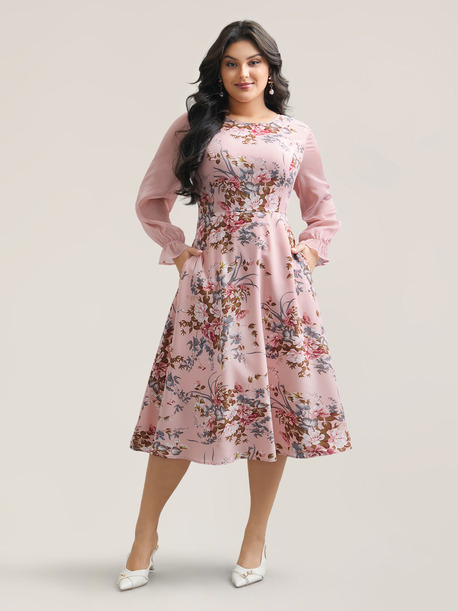 Floral Print Spliced Waist Cinched Midi Dress