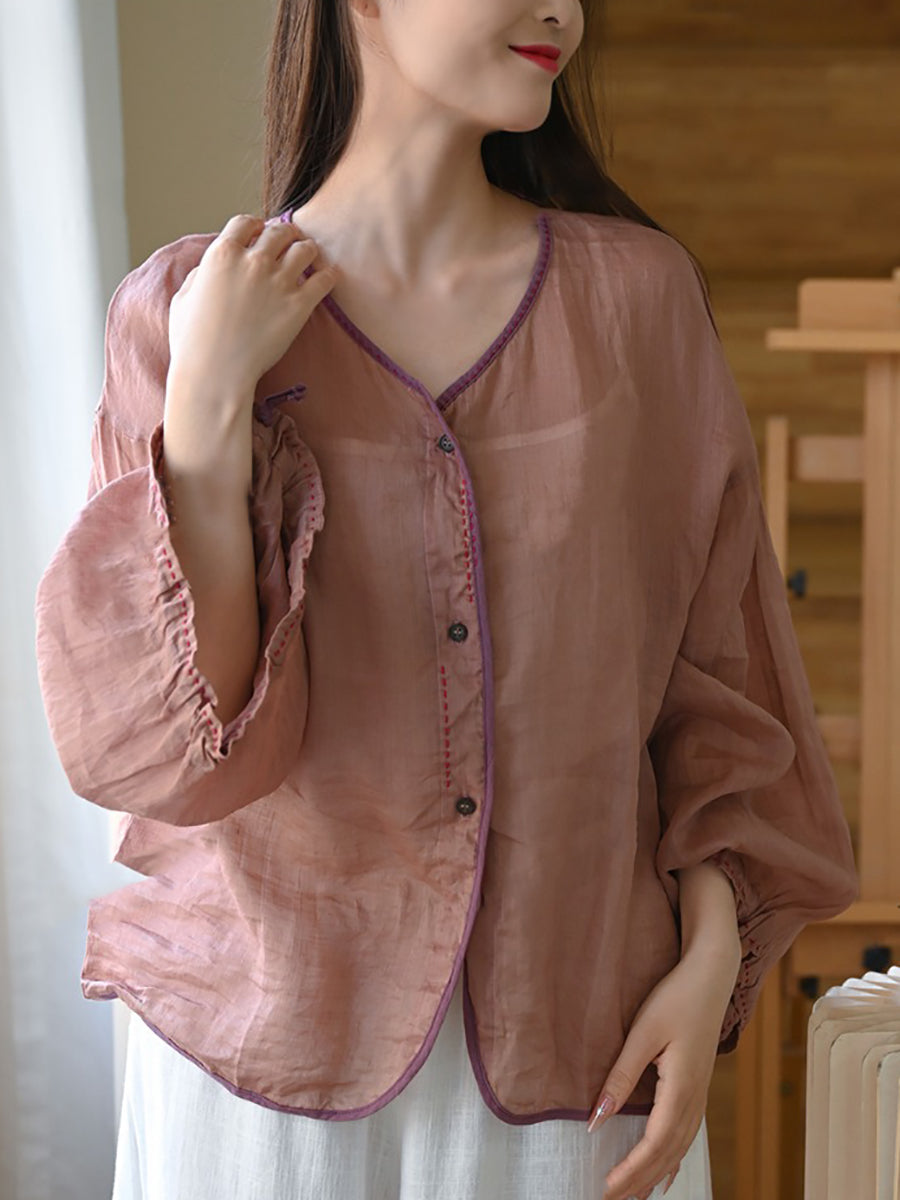 Women Summer Pure Color Ramie Button-up V-Neck Shirt
