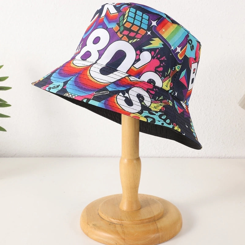 Unisex Casual Retro Artistic Letter Color Block Printing Curved Eaves Bucket Hat
