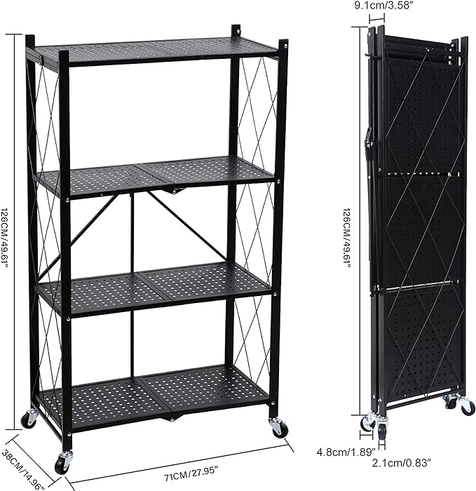 4 Layer Foldable Trolley Rack. Kitchen Storage Rack with Wheels