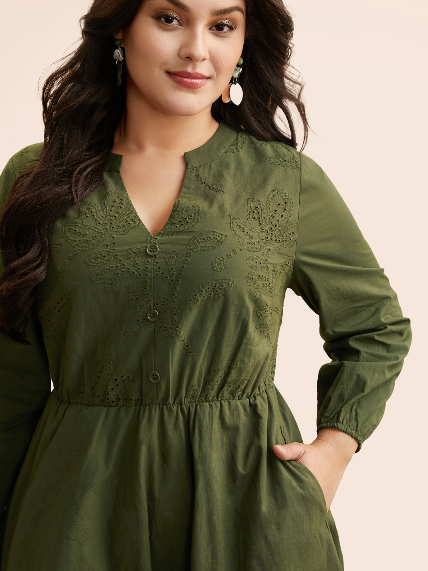 Notched Broderie Anglaise Button Detail Dress