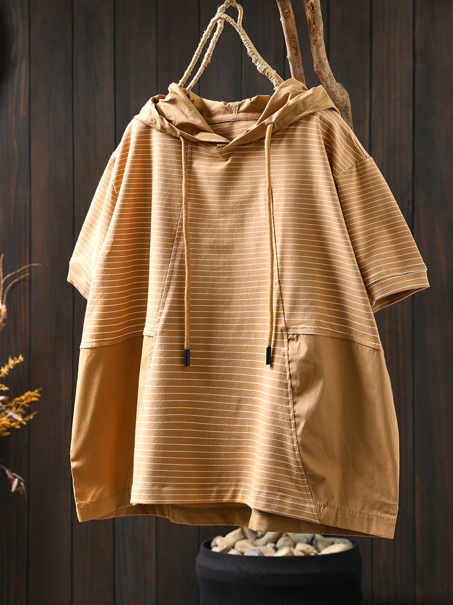 Women Summer Casual Stripe Spliced Hooded Cotton Shirt