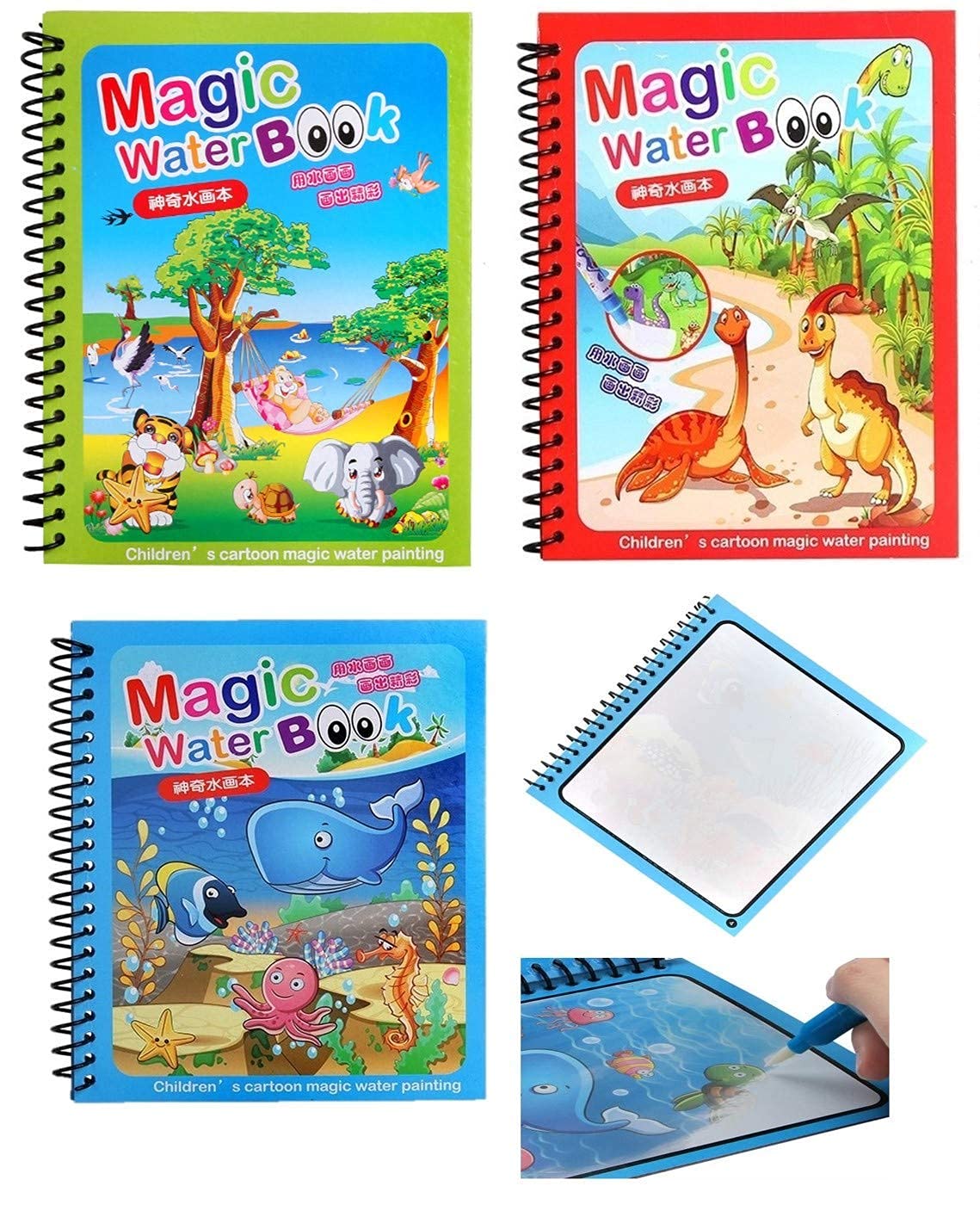 Reusable Magic Water Book For Painting Children's Cartoon Images With Water Pen (Random Designs) - NO Colors Required