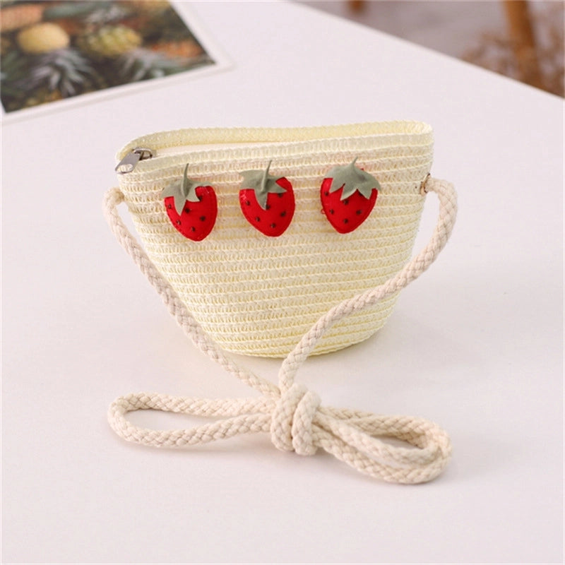 Girl's Straw Flower Strawberry Bow Knot Cute Bucket Zipper Crossbody Bag