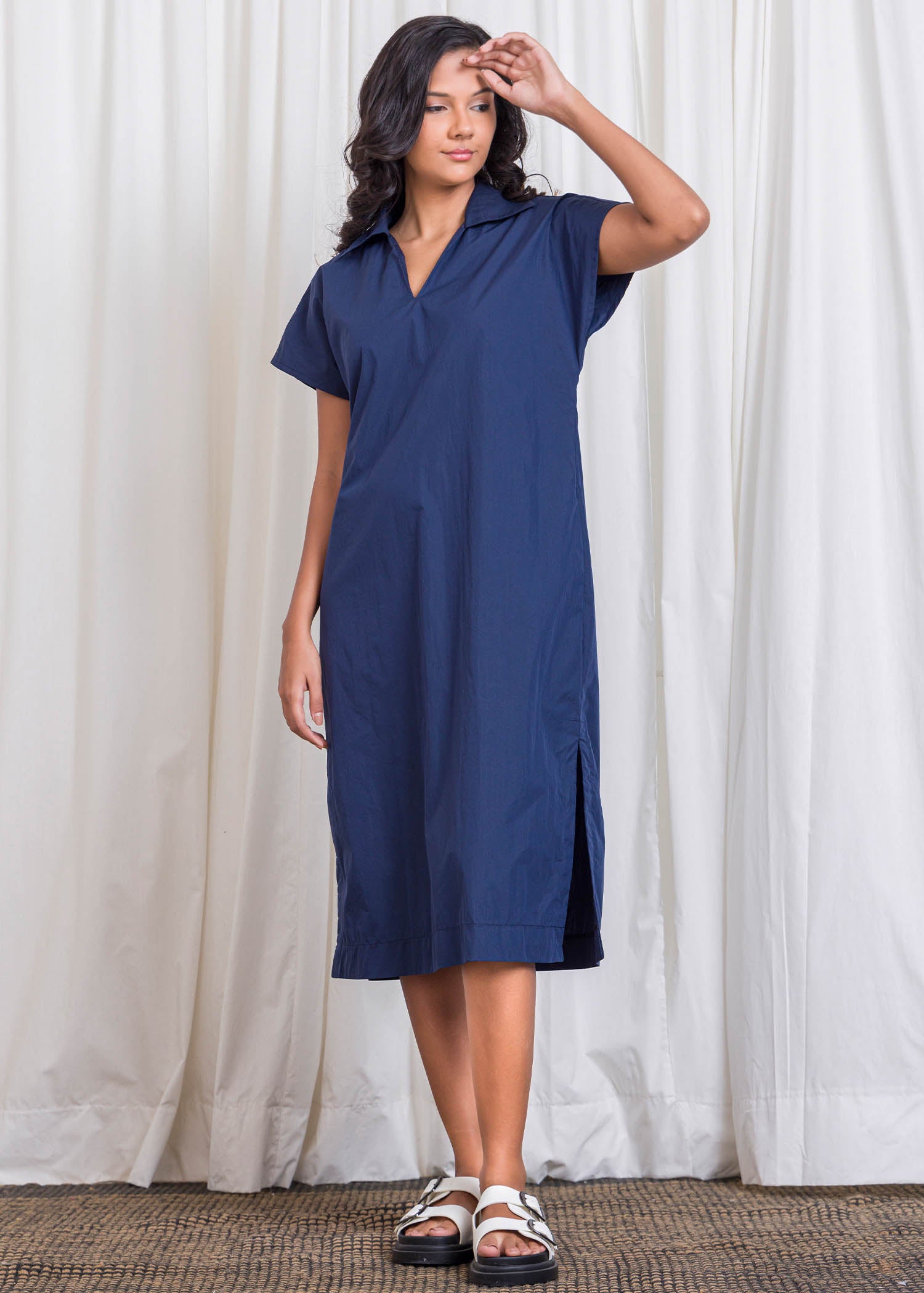 Midi Dress With Collar And Side Slits