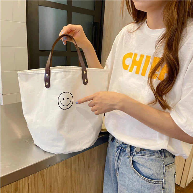 Women's Medium Canvas Round Dots Smile Face Cute Bucket Open Handbag