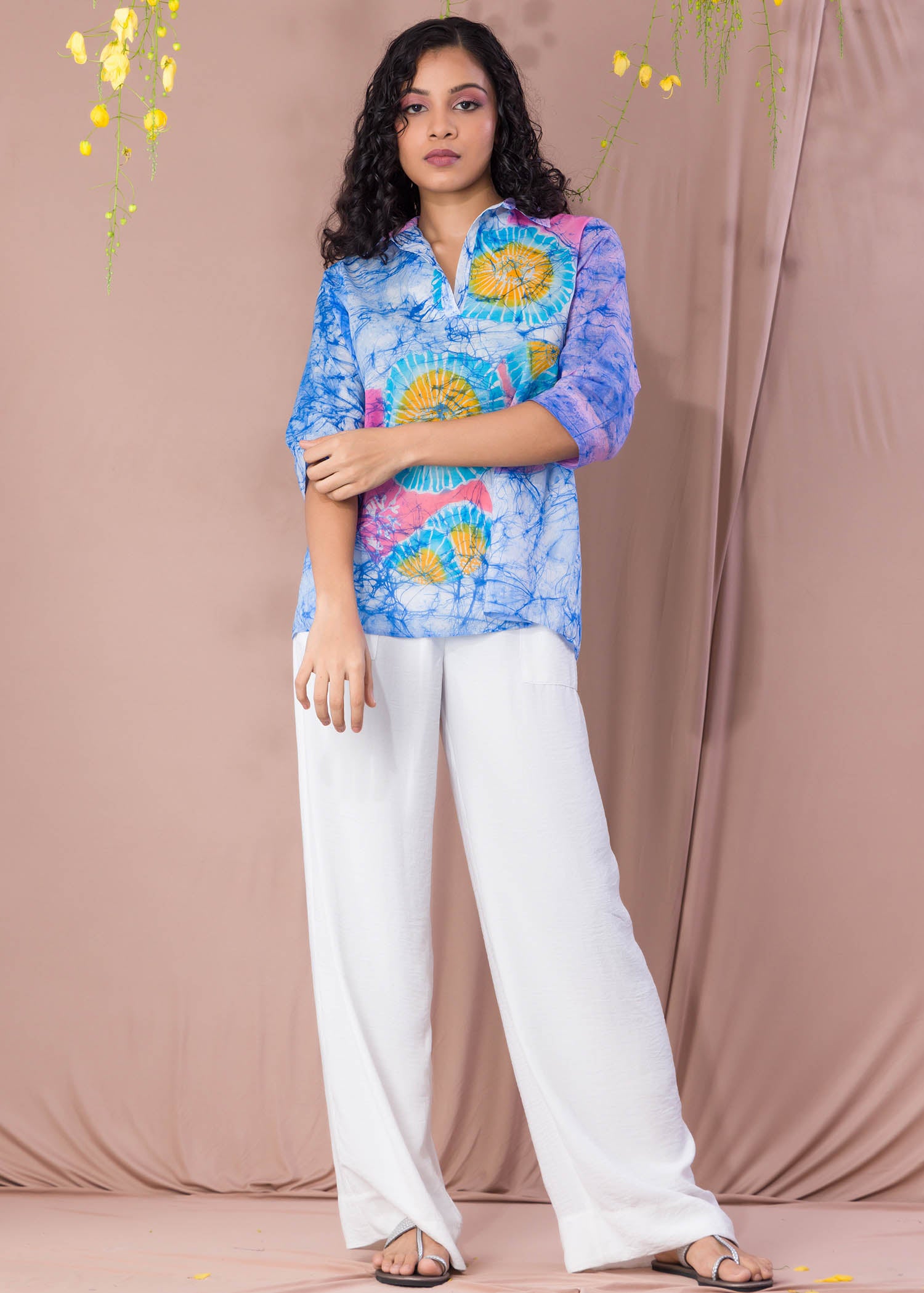 Batik Cracked Floral Blouse With Collar