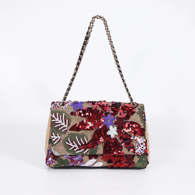 10 Pieces Women's Large Hemp Material Flower Elegant Sequins Square Flip Cover Crossbody Bag