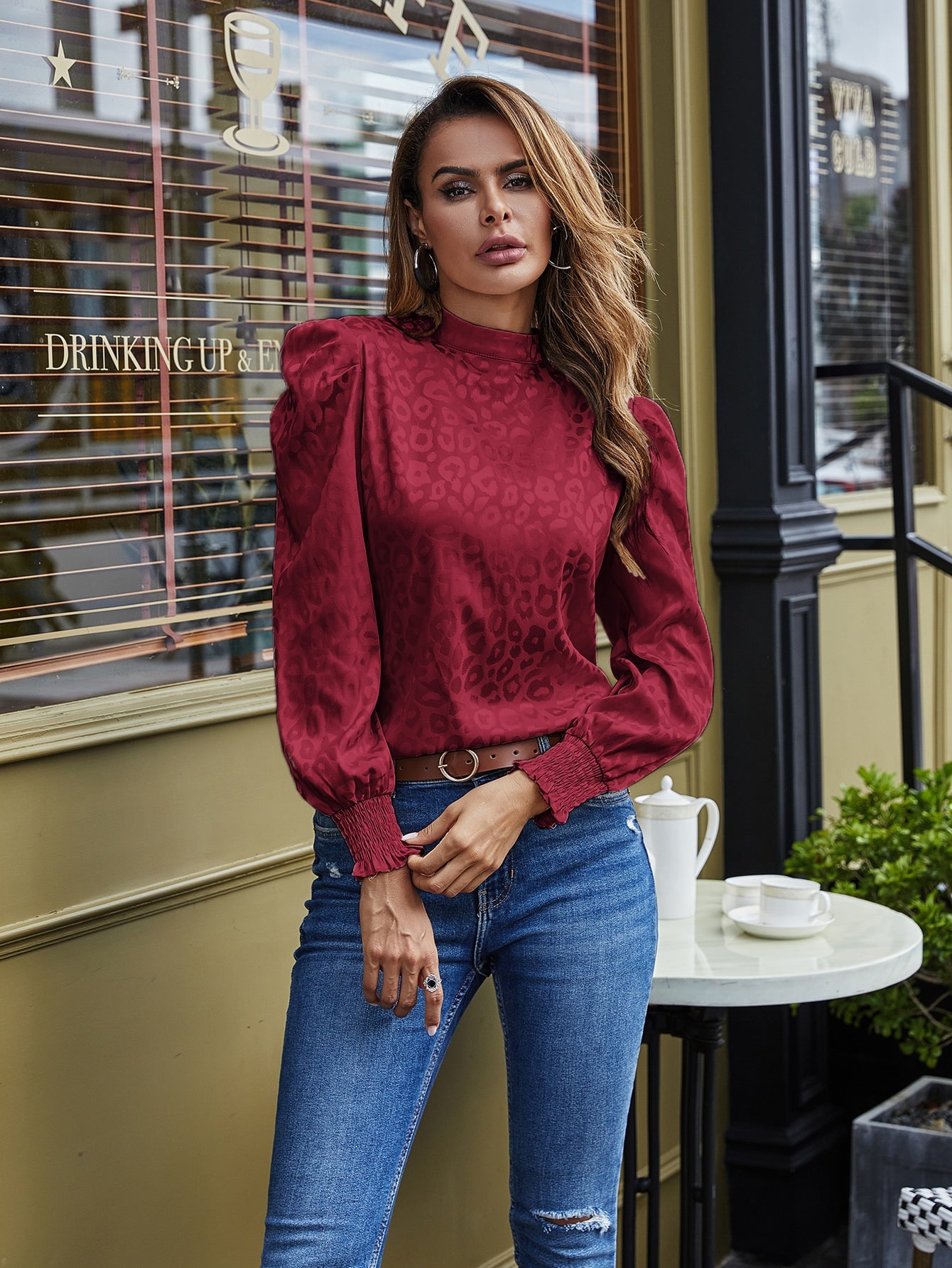 Shirred Frill Puff Sleeve Silk Blouse( Clearance sale