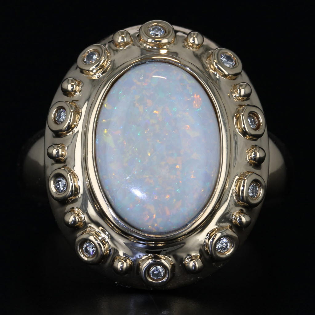 Opal Oval Cabochon Diamond Ring 14k Yellow Gold Size 9