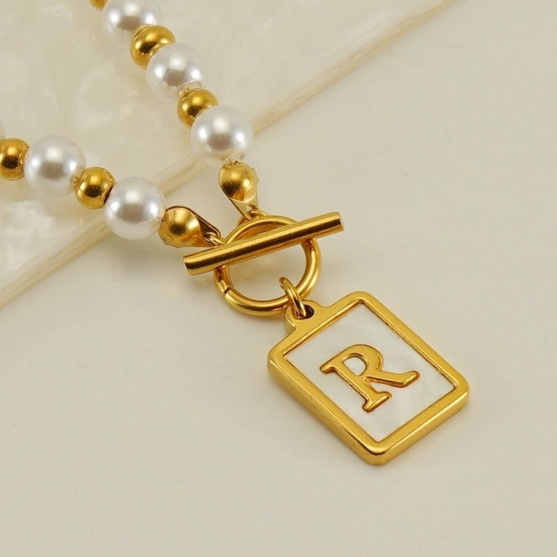 Stainless Steel 18K Gold Plated Elegant French Style Pearl Plating Inlay Letter Shell Pendant Necklace