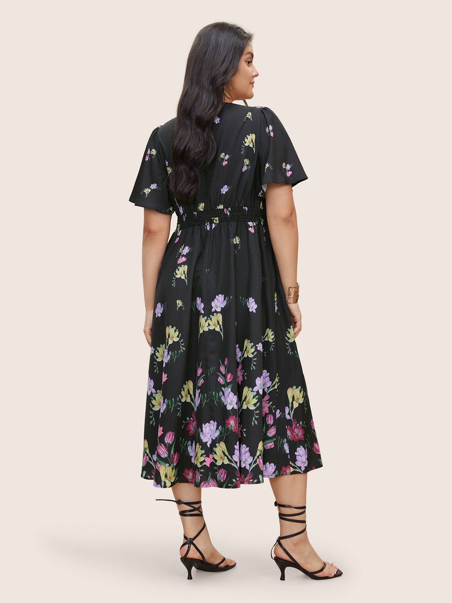 Floral Print Shirred Pocket Ruffle Sleeve Dress