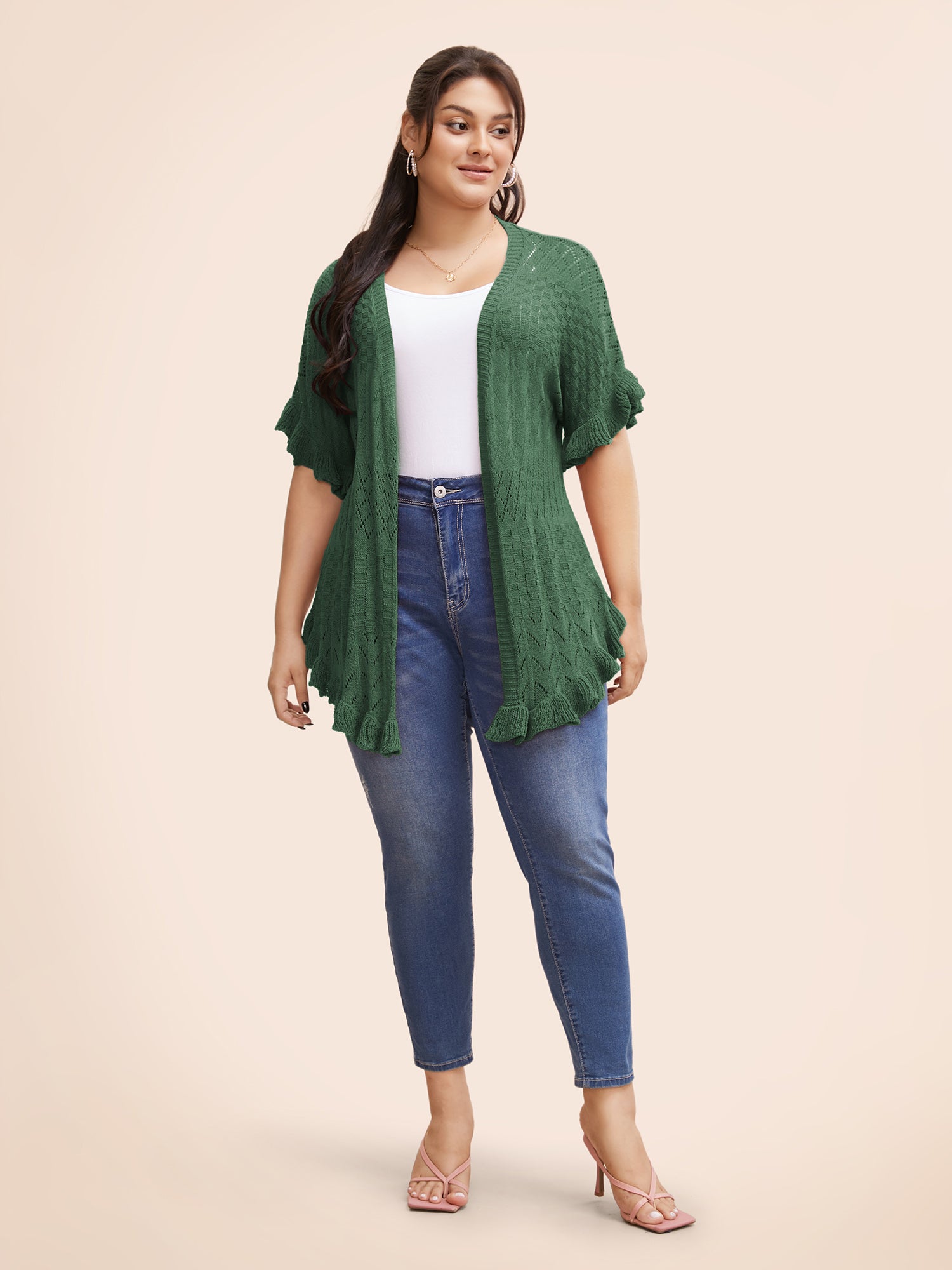 Plain Ruffles Pointelle Knit Cardigan