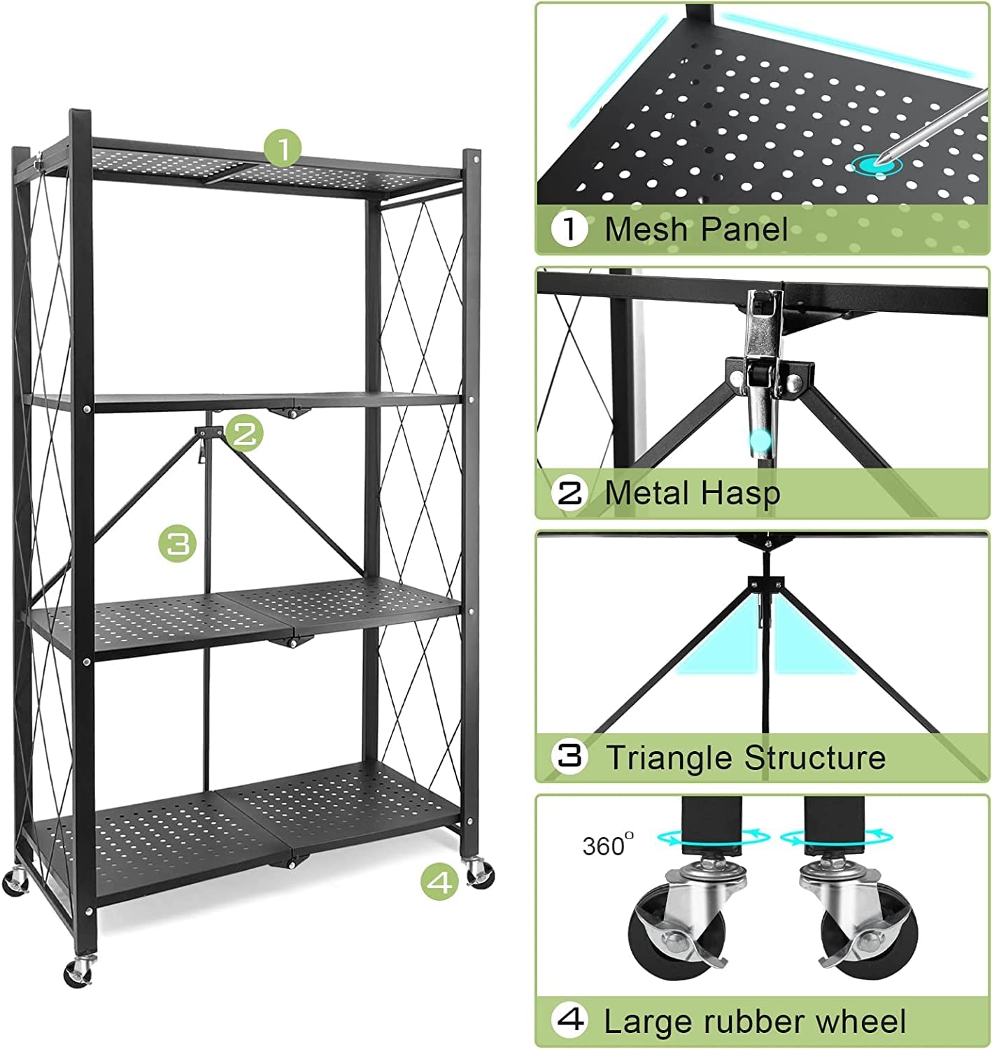 4 Layer Foldable Trolley Rack. Kitchen Storage Rack with Wheels