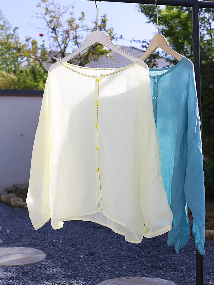 Women Summer Artsy Pure Color O-Neck 100%Ramie Shirt