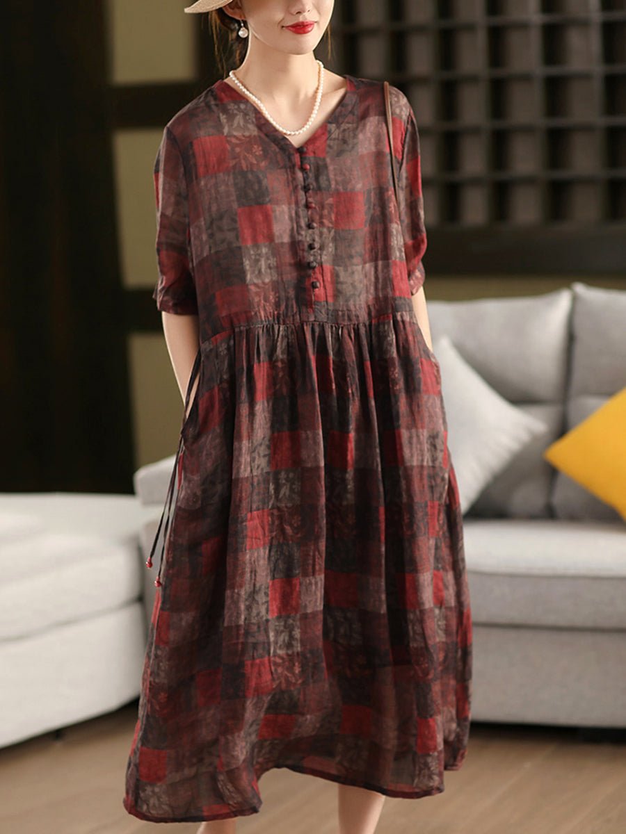 Women Summer Vintage Plaid V-Neck 100%Ramie Dress