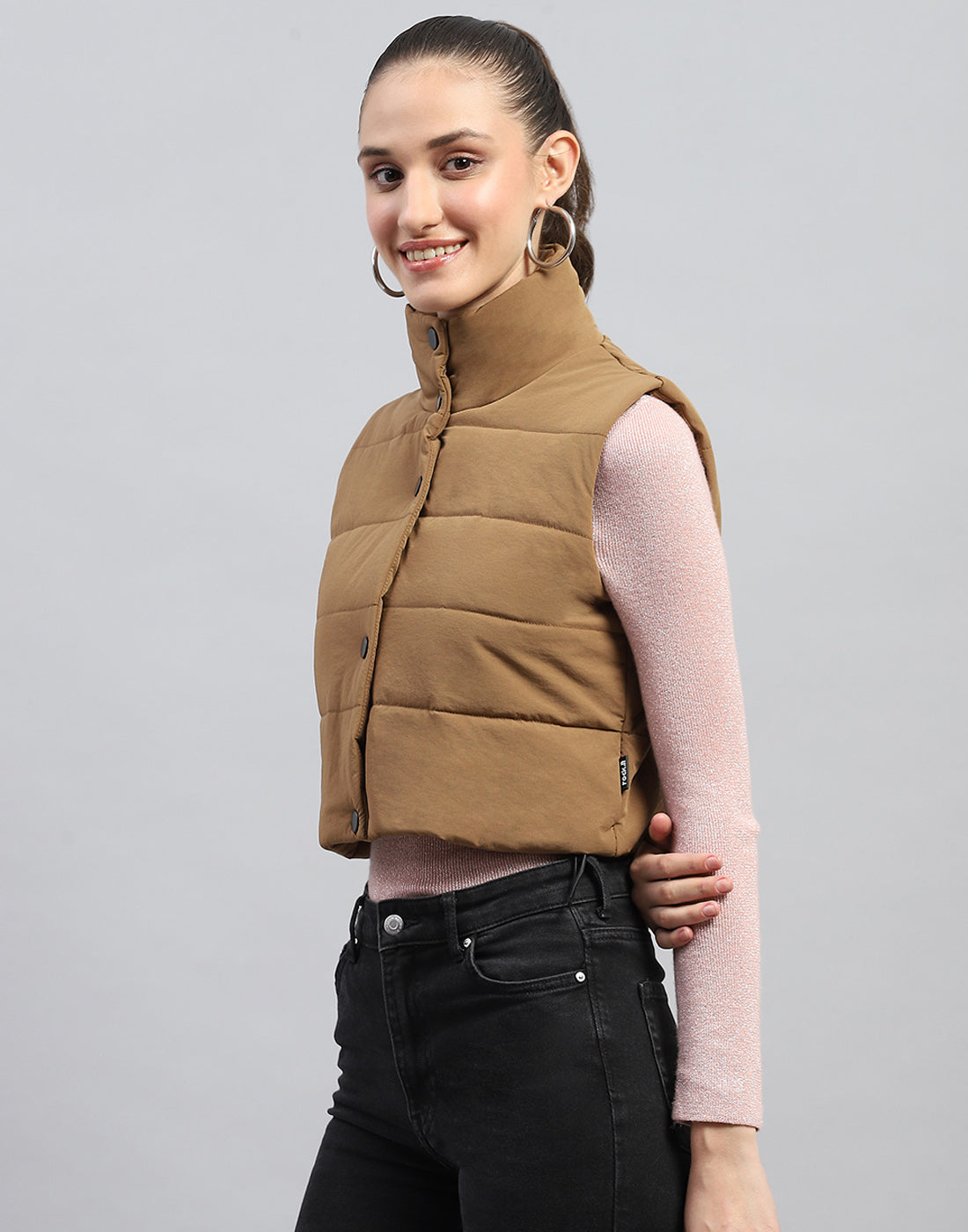 Women Brown Solid Mock Neck Sleeveless Jacket