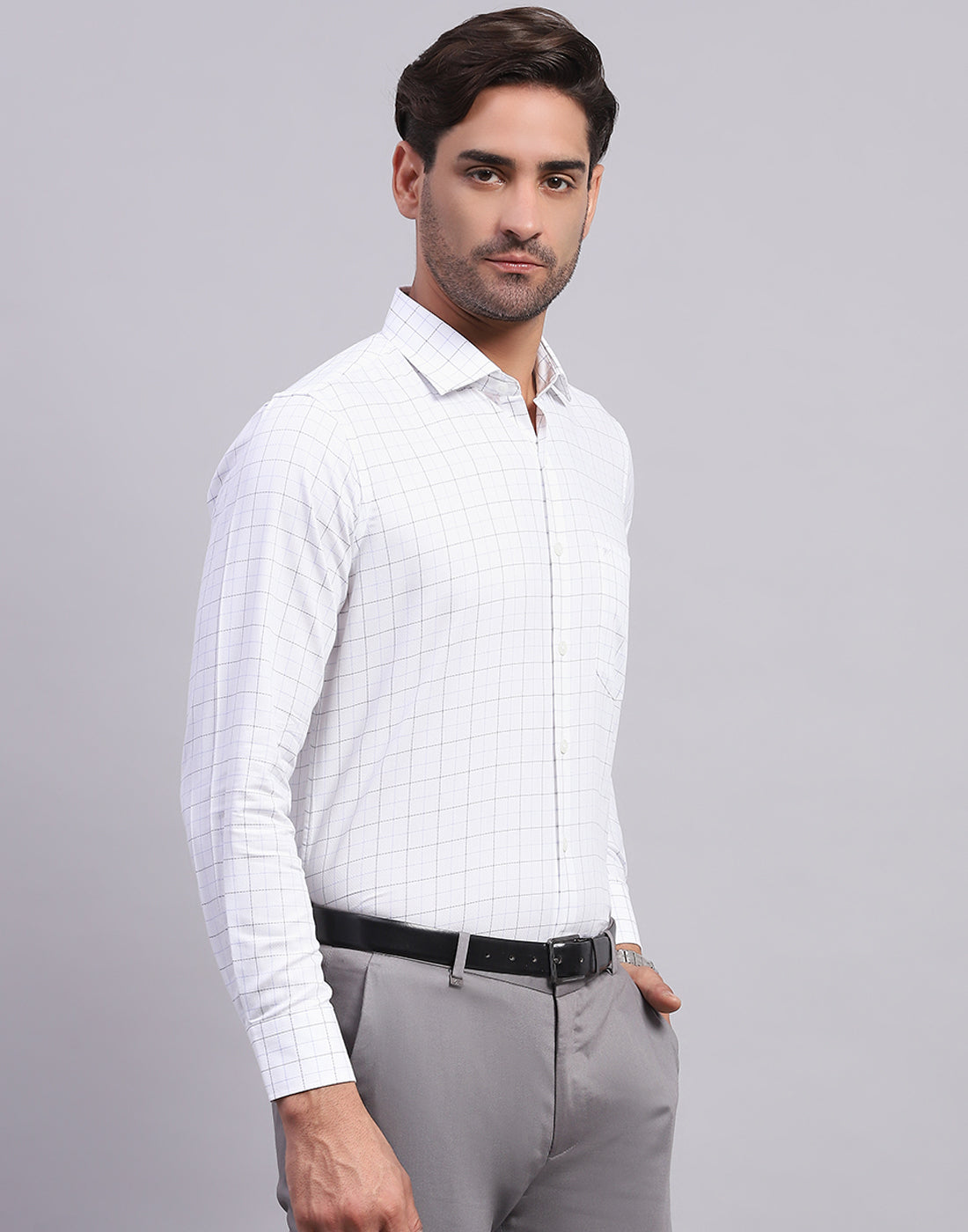 Men White Check Collar Full Sleeve Shirt