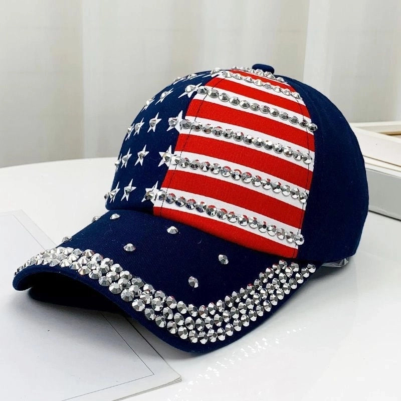 Women's Basic Retro Star Rhinestone Curved Eaves Baseball Cap