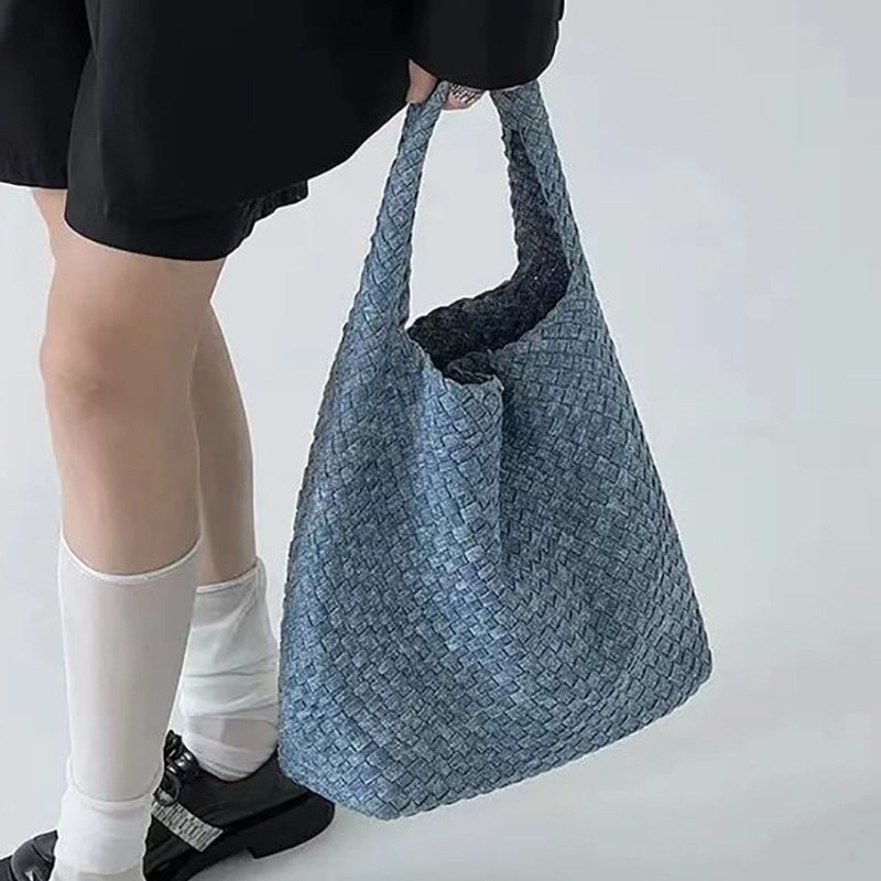 Women's Denim Solid Color Classic Style Weave Bucket Open Shoulder Bag