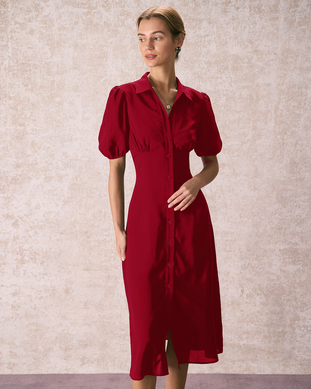 The Red Lapel Button Puff Sleeve Midi Dress