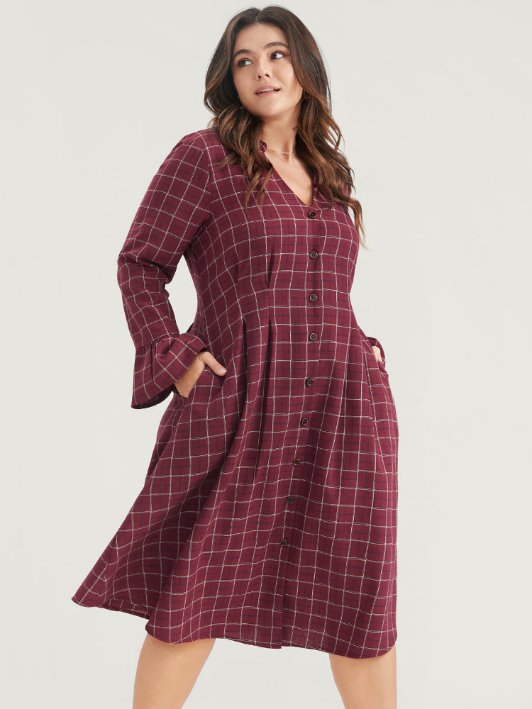 Gingham Pocket Button Up Bell Sleeve V Neck Dress Without Belt