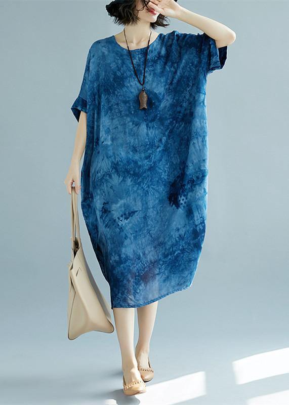 blue long linen dress plus size O neck floral linen clothing dresses casual short sleeve baggy dresses linen caftans