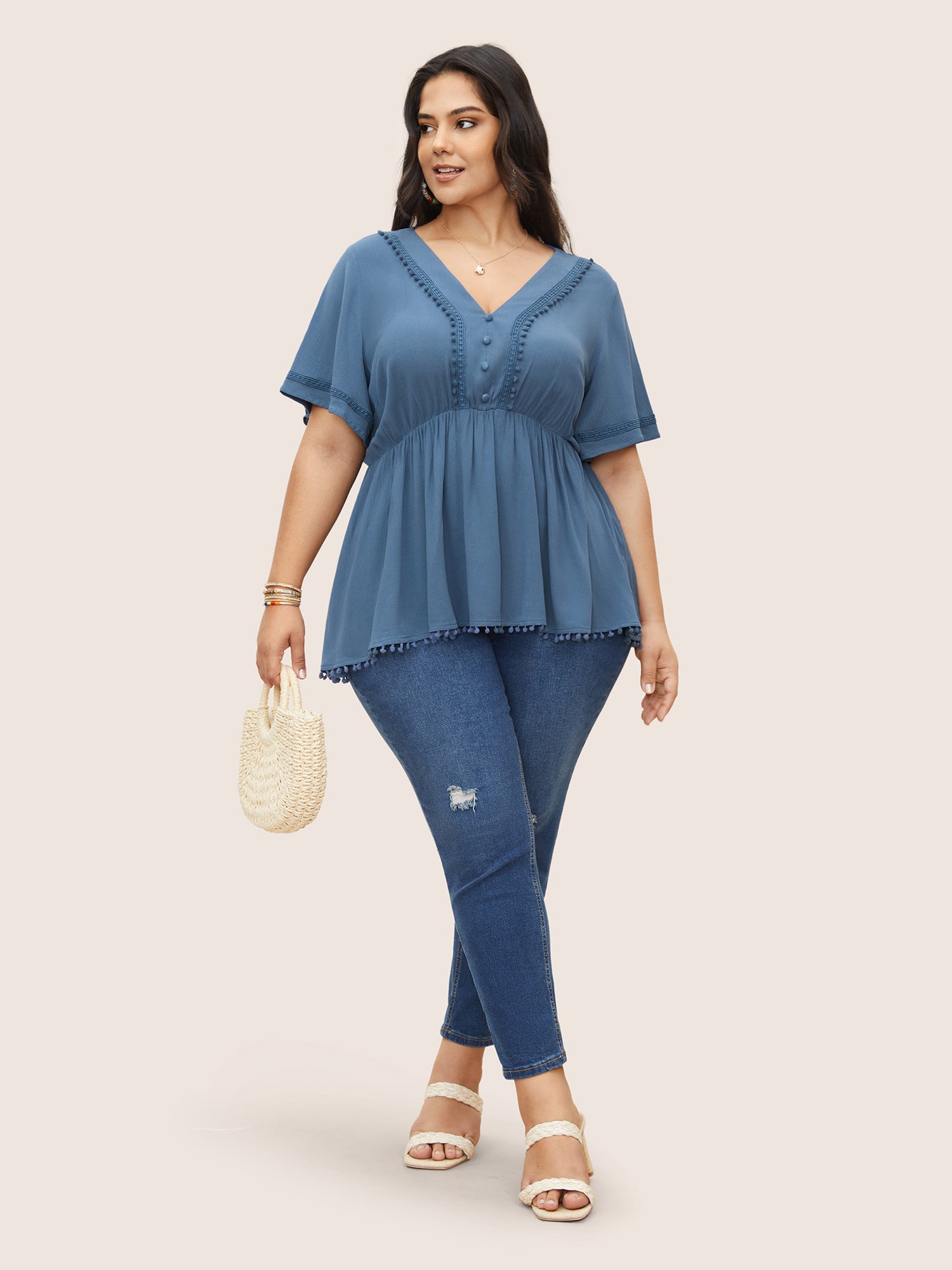 Rayon Plain Button Detail Pompom Trim Blouse