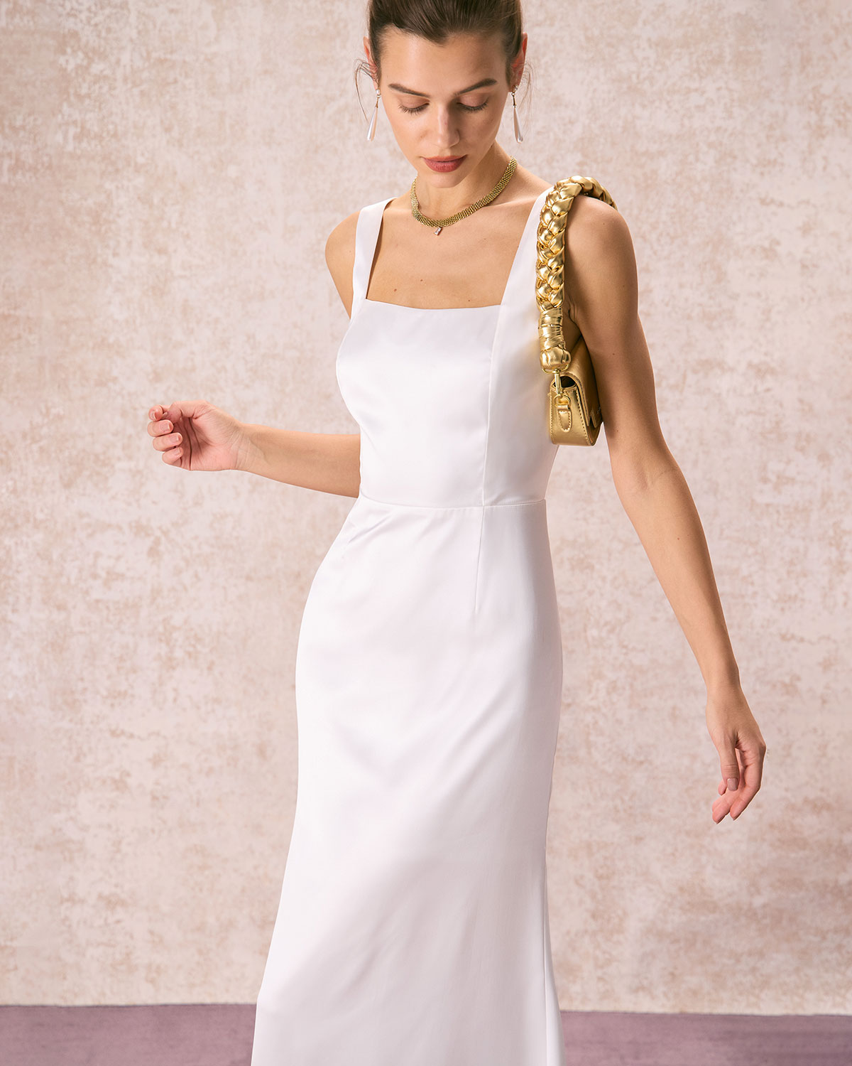 The White Square Neck Satin Maxi Dress