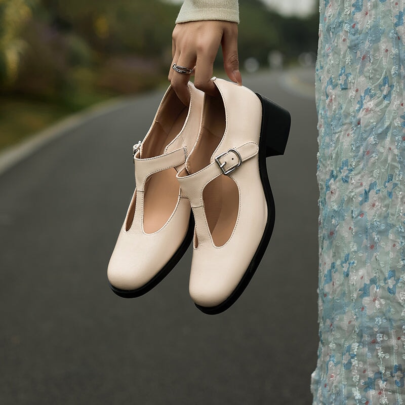 Handmade Retro Leather T Strap Mary Jane Shoes For Women Round Toe Black/Beige