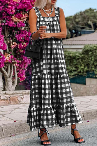 Casual Spaghetti Straps Printed Beach Plaid Maxi Dress
