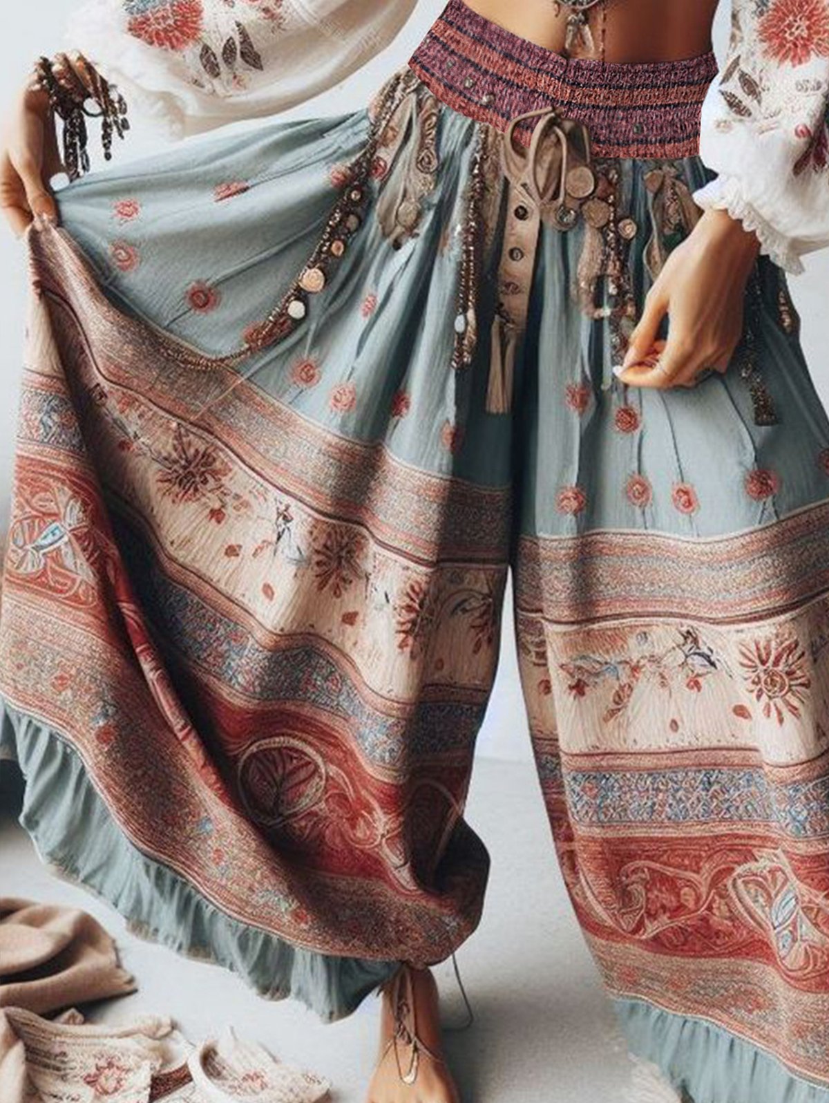 Boho Patchwork High Waist Wide Leg Ruffle Pants