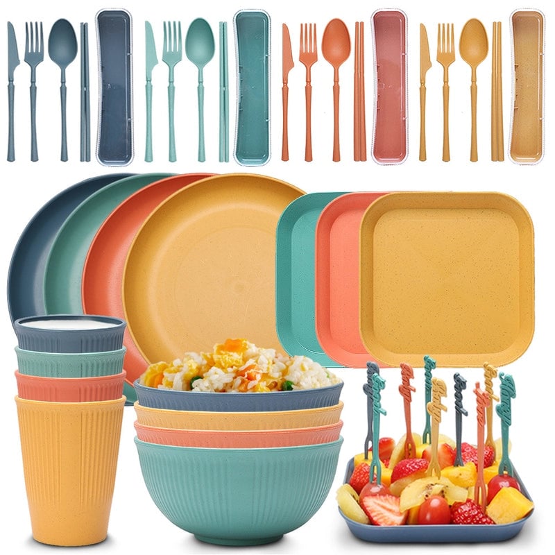 Wheat Straw Soup Bowl Plate Cup Set Student Household Portable Knife. Fork. Spoon. Chopsticks. Tableware Gift