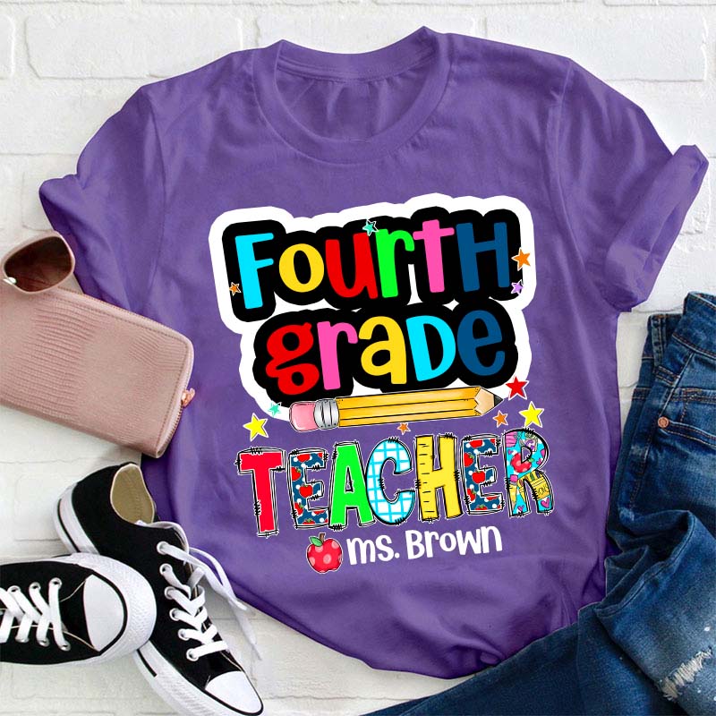 Personalized Grade And Name Color Pencil Stars Red Apple Teacher T-Shirt