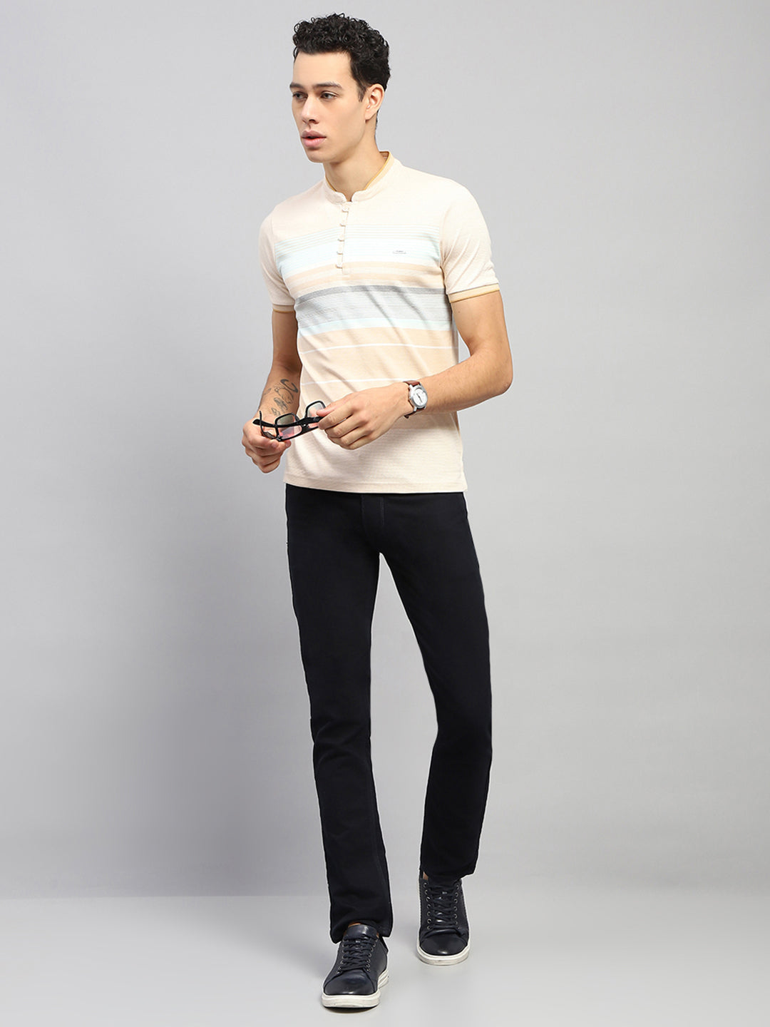 Men Beige Stripe Band Collar Half Sleeve T-Shirt